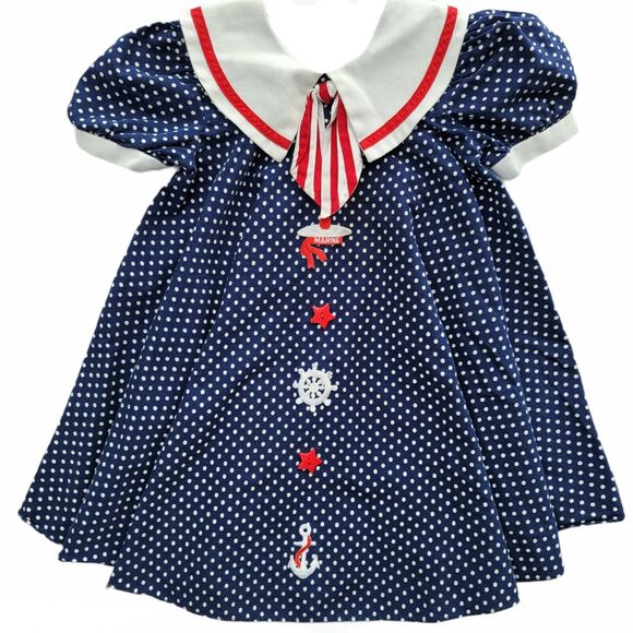 Vintage Girls Dress Size 6 Peaches & Cream Sailor Polka Dot Nautical Appliques - Picture 1 of 11